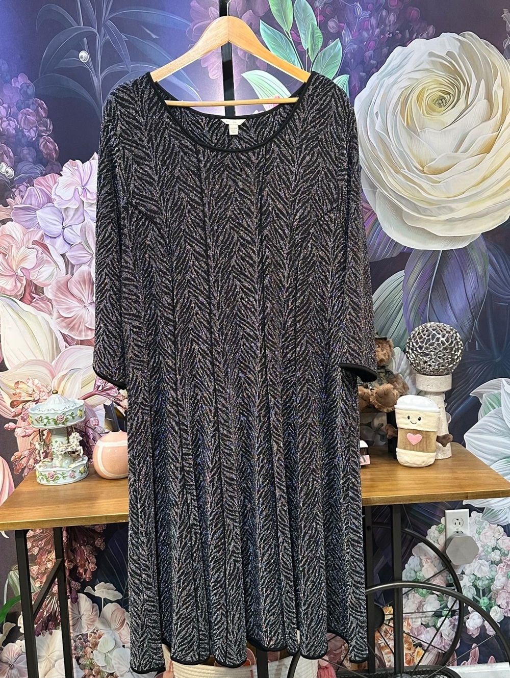 Cato 22/24W Metallic Herringbone Midi Dress Bell Sleeve Holiday Cocktail Glam